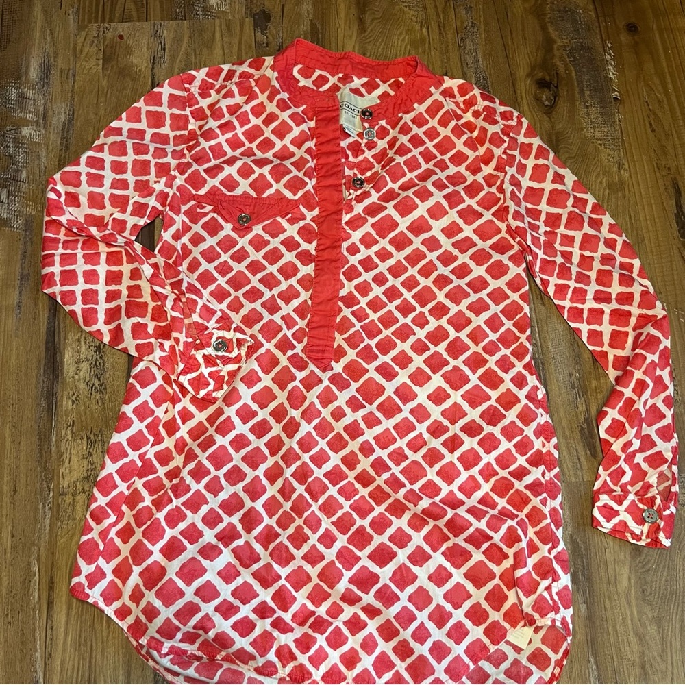 Coach XS Prairie Button Up Tunic Hampton’s Beach Yacht Top Pink White Diamonds